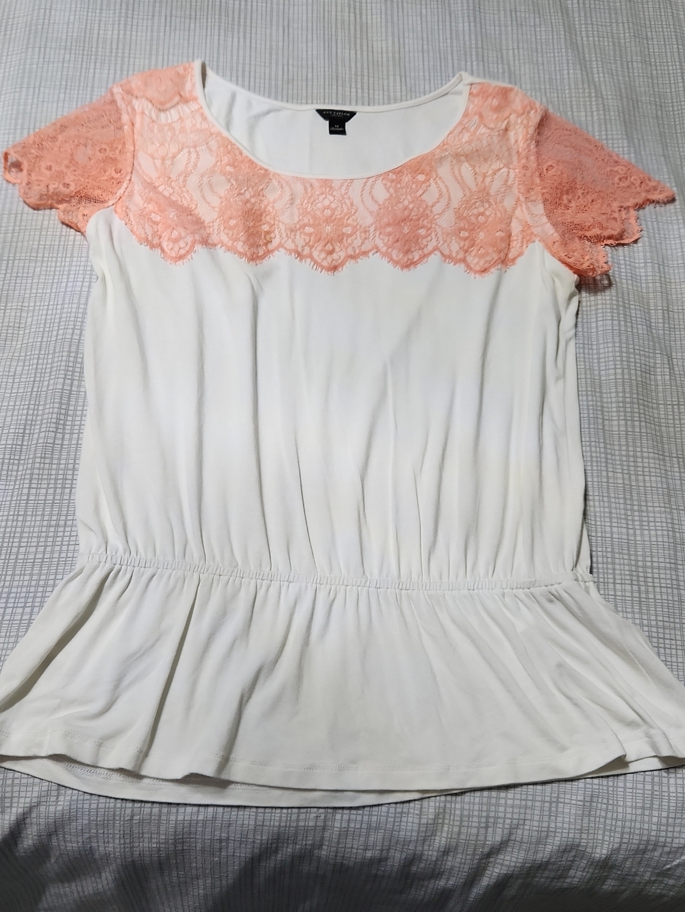 Ann Taylor Cream Blouse with Coral Lace Yoke and Sleeves